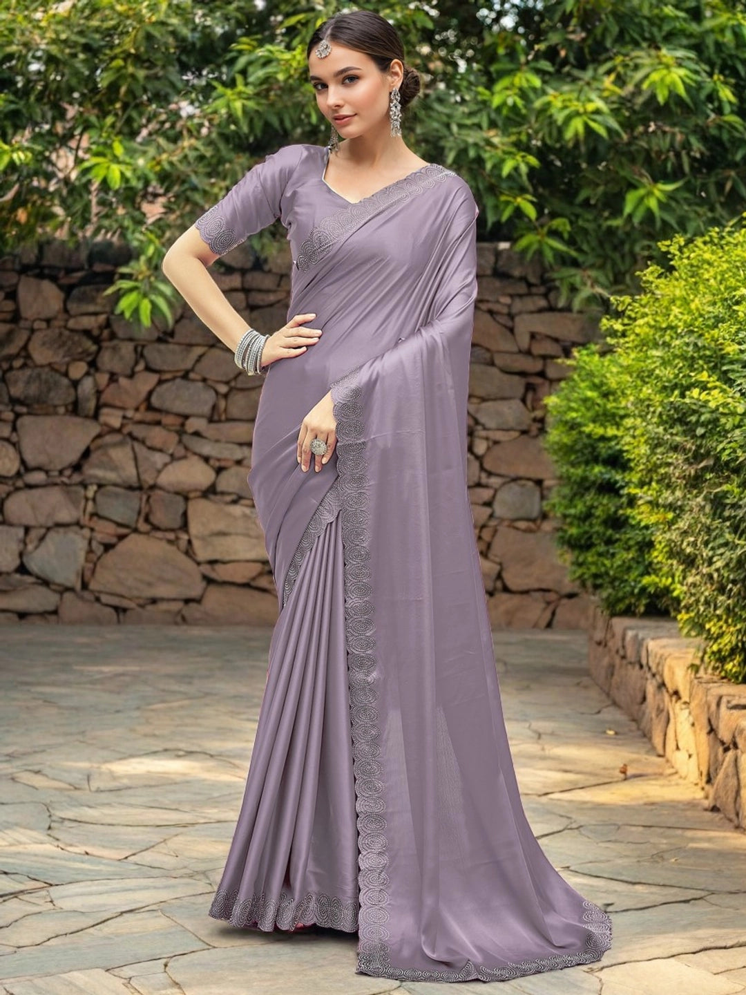 Lavender Embellished Silk Saree For Women - Rheycart