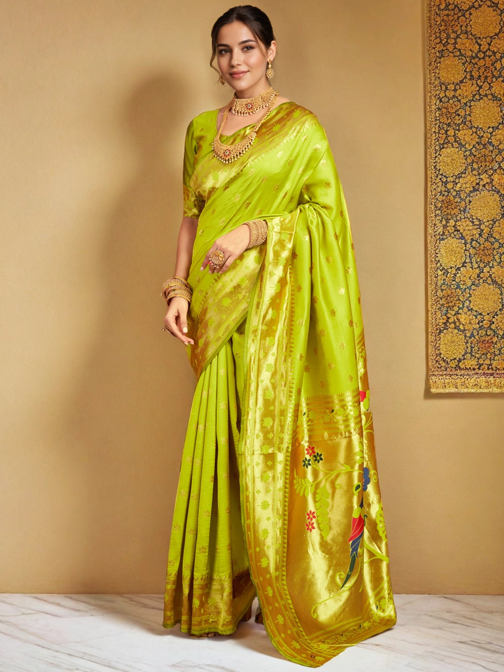 Lime Green Silk Blend Parrot Design Pallu Paithani Saree - Rheycart