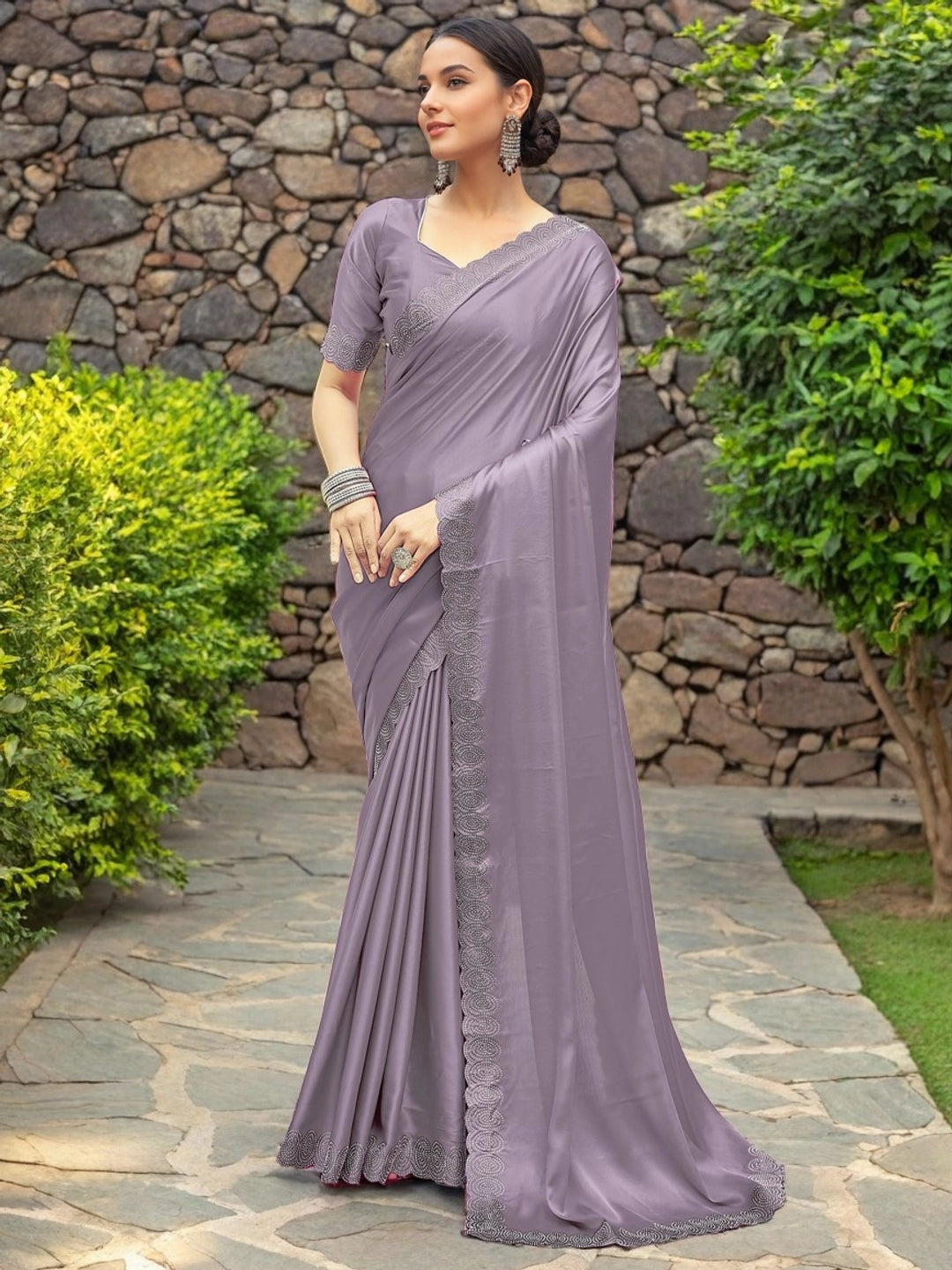 Lavender Embellished Silk Saree For Women - Rheycart
