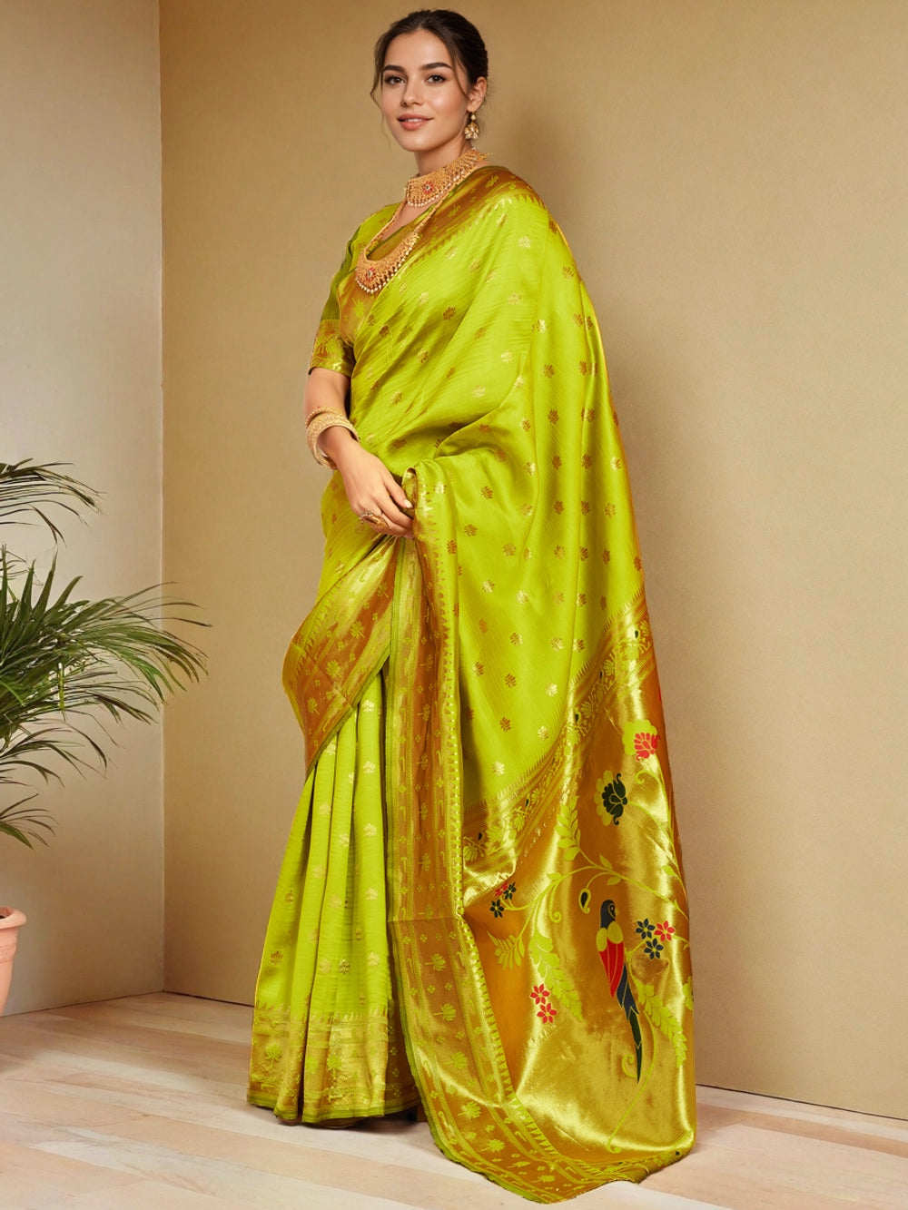 Lime Green Silk Blend Parrot Design Pallu Paithani Saree - Rheycart