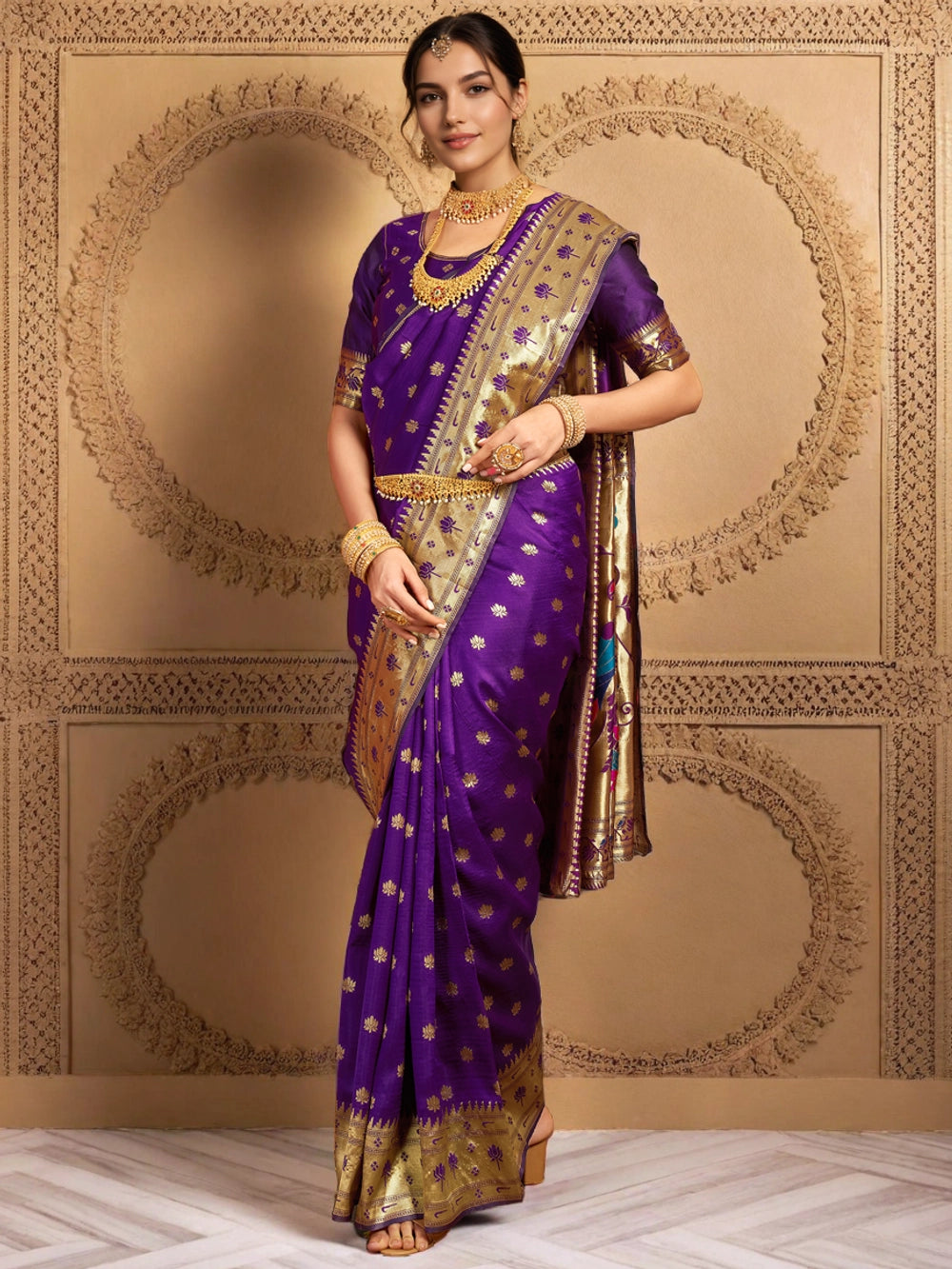 Purple Paithani Silk Saree With Zari Weaving Work - Rheycart