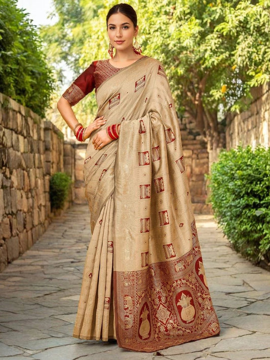 Beige Paithani Zari Weaving Work Saree - Rheycart