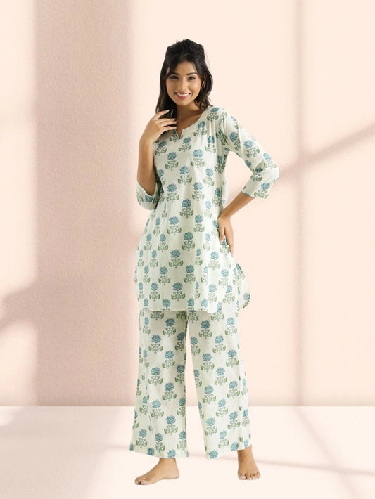 Light Blue Flower Printed Cotton Rayon Co-ord Set - Rheycart