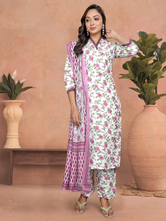 Cotton Blend Pink Floral Design Kurta Set - Rheycart