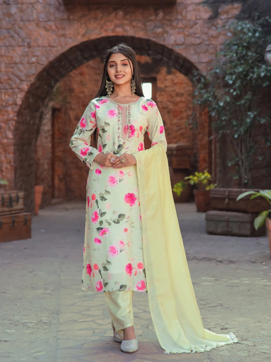 Light Yellow Floral Printed Kurta Set with Dupatta - Rheycart