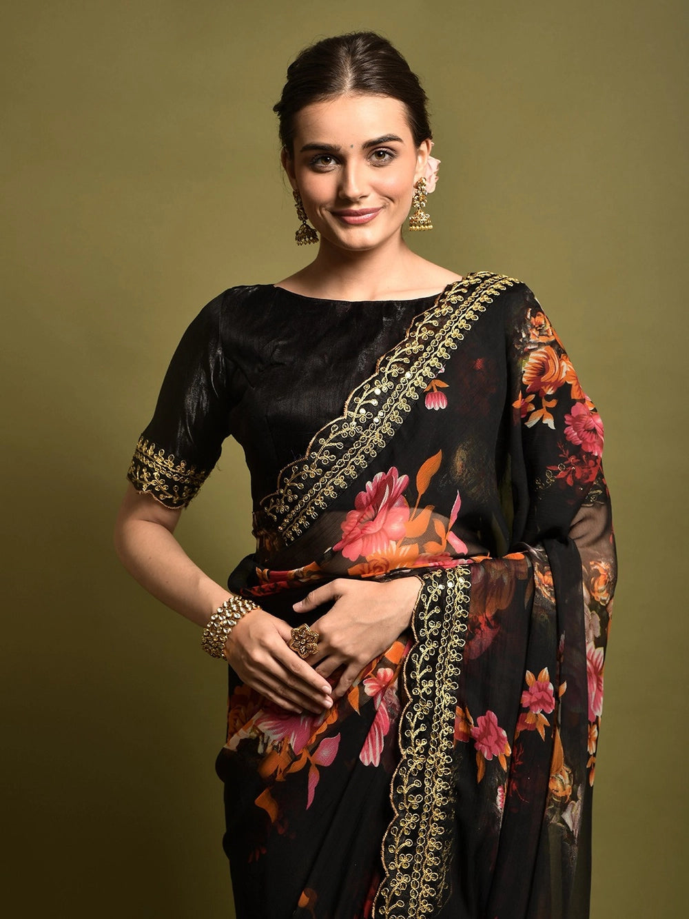 Floral Printed Black Georgette Bollywood Saree For Women