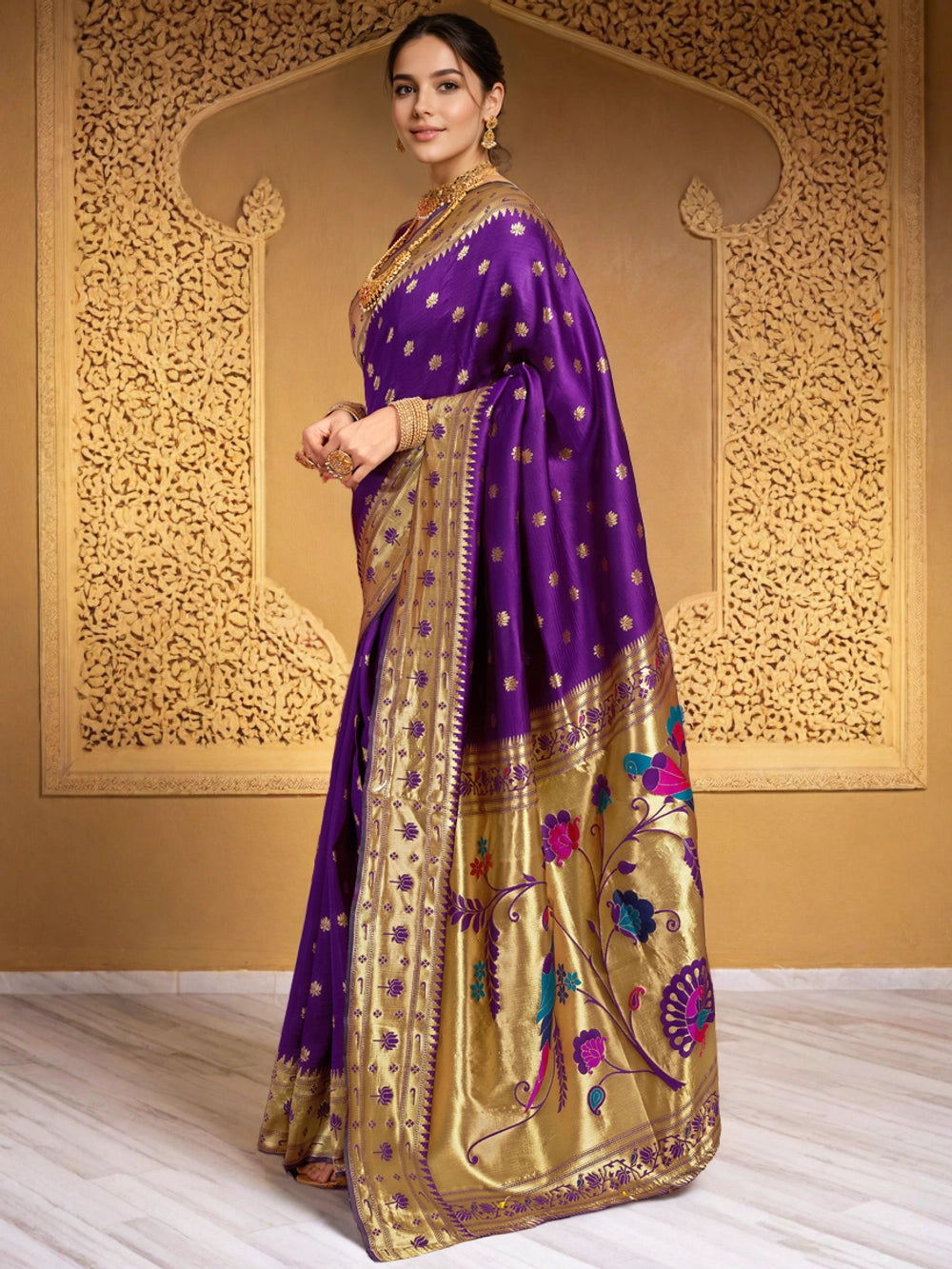 Purple Paithani Silk Saree With Zari Weaving Work - Rheycart