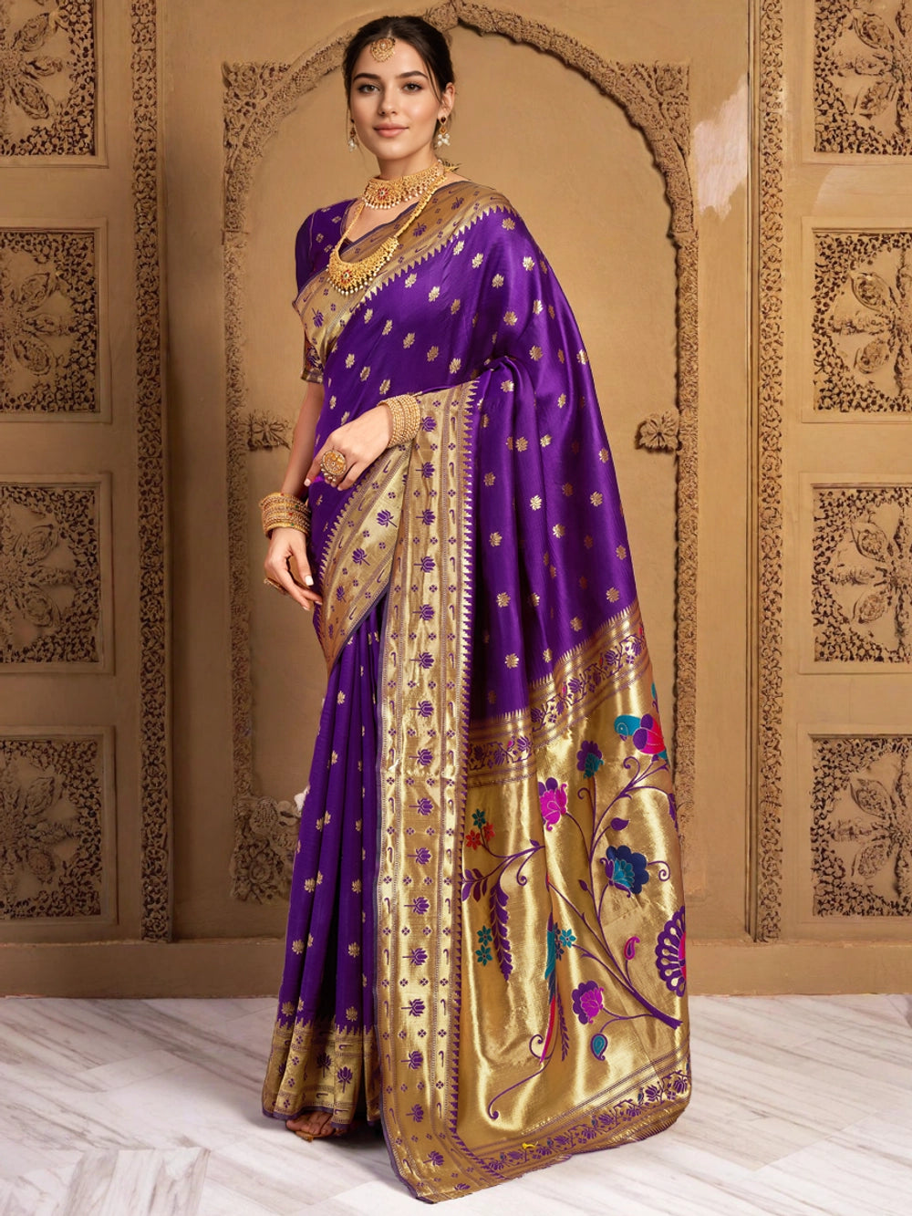Purple Paithani Silk Saree With Zari Weaving Work - Rheycart
