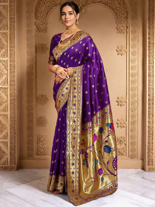 Purple Paithani Silk Saree With Zari Weaving Work - Rheycart