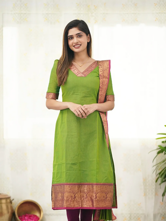 Light Green Kanchi Cotton V Neck Kurti And Dupatta - Rheycart