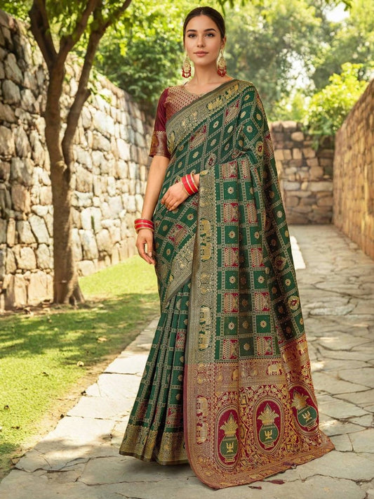 Heavy Paithani Dark Green Silk Saree - Rheycart