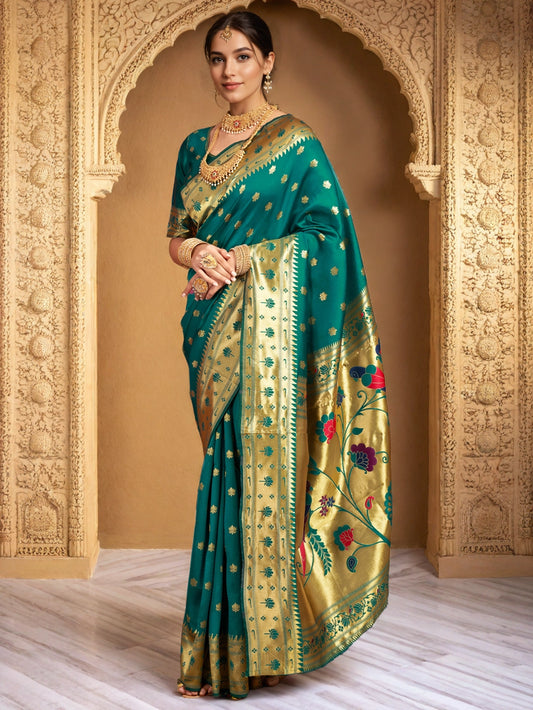 Dark Green Silk Blend Zari Weaving Paithani Saree - Rheycart