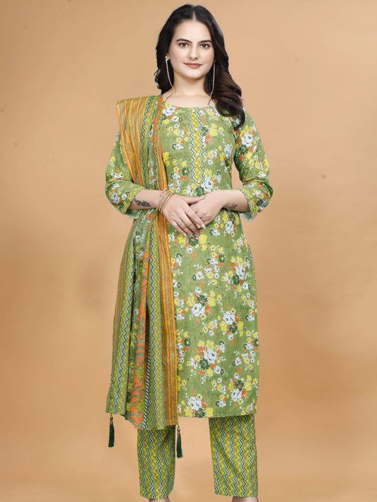 Floral Printed Parrot Green Cotton Kurti Set With Dupatta - Rheycart