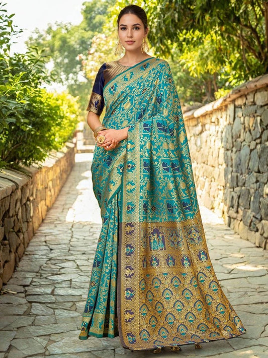 Teal Green Woven Paithani Silk Saree - Rheycart