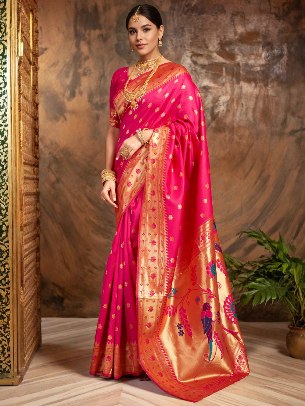 Rani Pink Weaving Silk Blend Saree With Parrot Motif Pallu - Rheycart