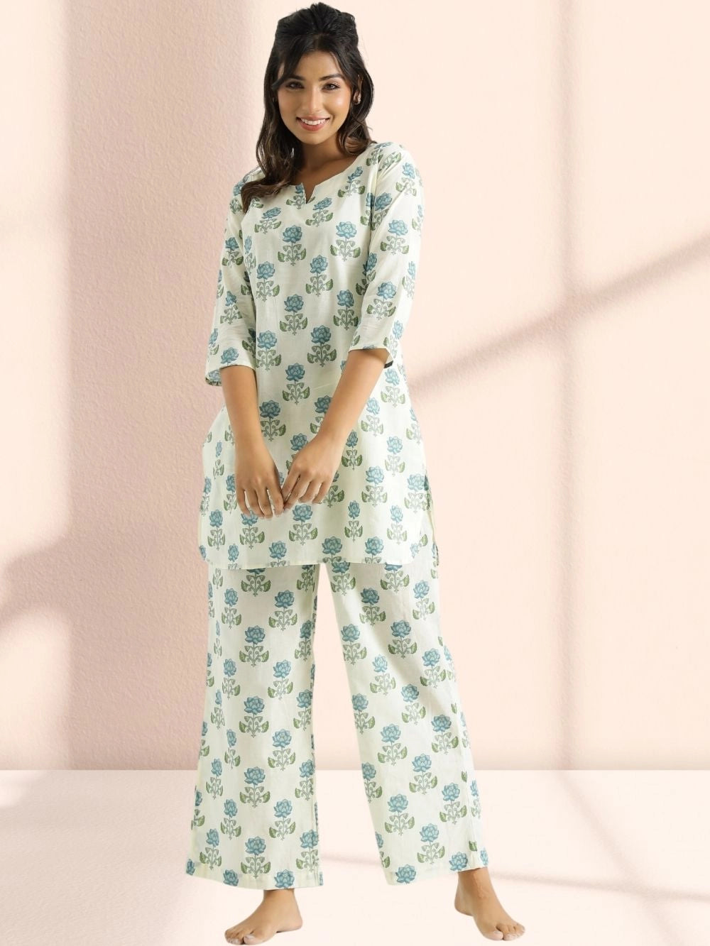 Light Blue Flower Printed Cotton Rayon Co-ord Set - Rheycart