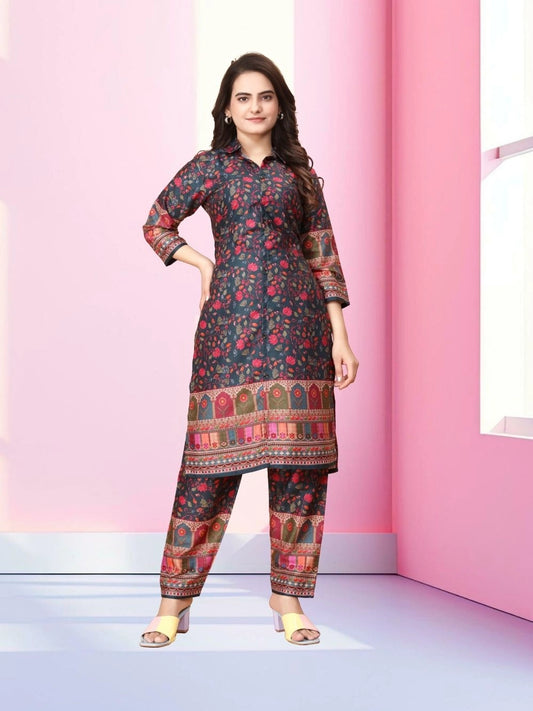 Rusty Red Floral Pattern Cotton Rayon Co-ord Set - Rheycart