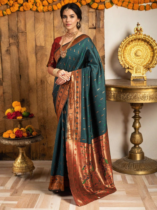 Teal Blue Silk Blend Paithani Saree With Unstitched Blouse - Rheycart