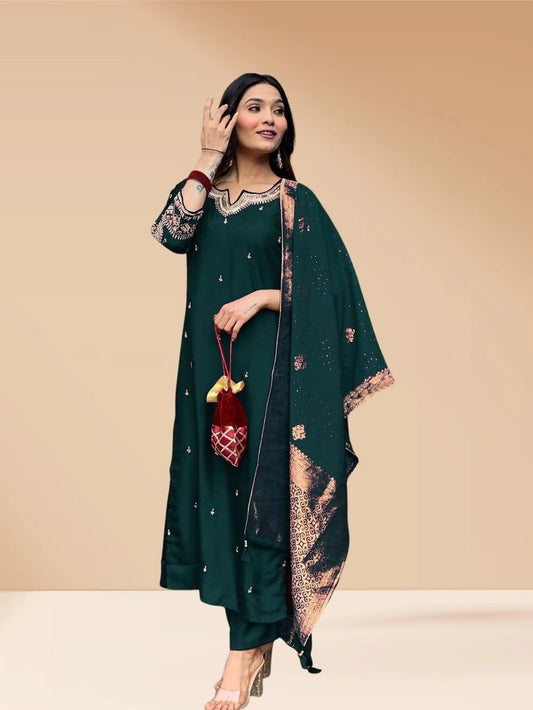 Dark Green PV Chanderi Silk Kurti Set For Women - Rheycart