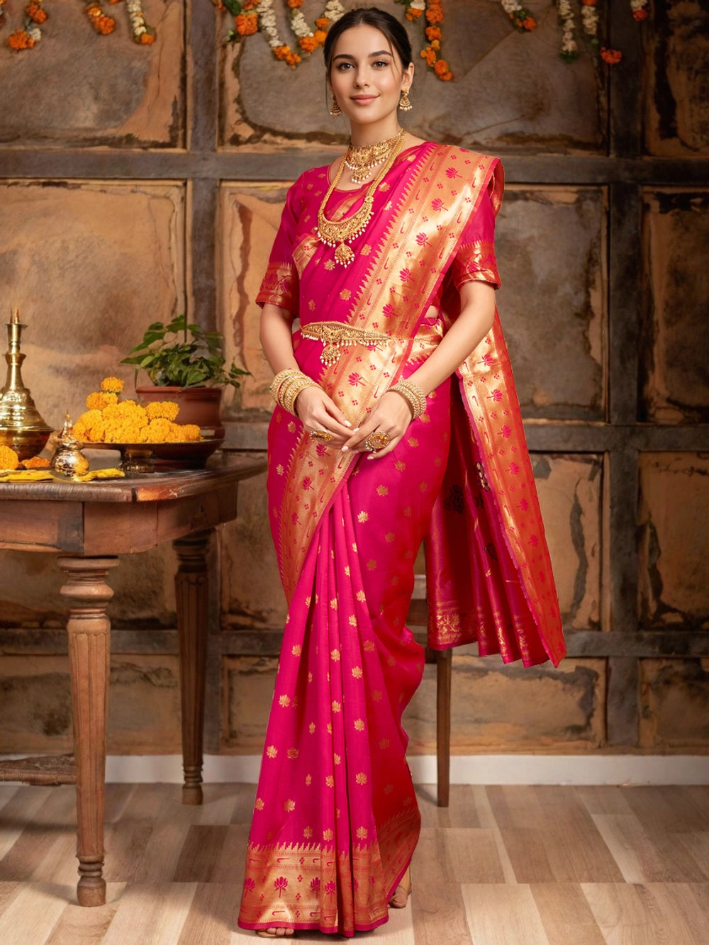 Rani Pink Weaving Silk Blend Saree With Parrot Motif Pallu - Rheycart