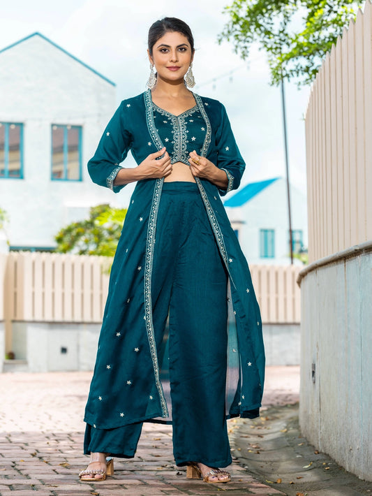 Teal Color Vichitra Silk Top Bottom With Shrug - Rheycart