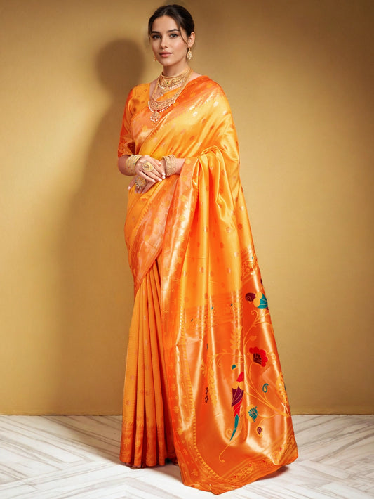 Orange Zari Weaving Paithani Silk Saree - Rheycart