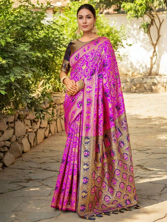 Rani Silk Woven Saree With Unstitched Blouse - Rheycart