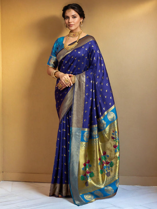 Silk Blend Royal Blue Zari Weaving Paithani Saree - Rheycart