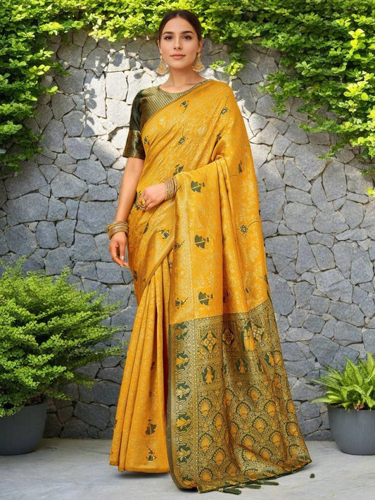 Yellow Banarasi Silk Saree For Women - Rheycart