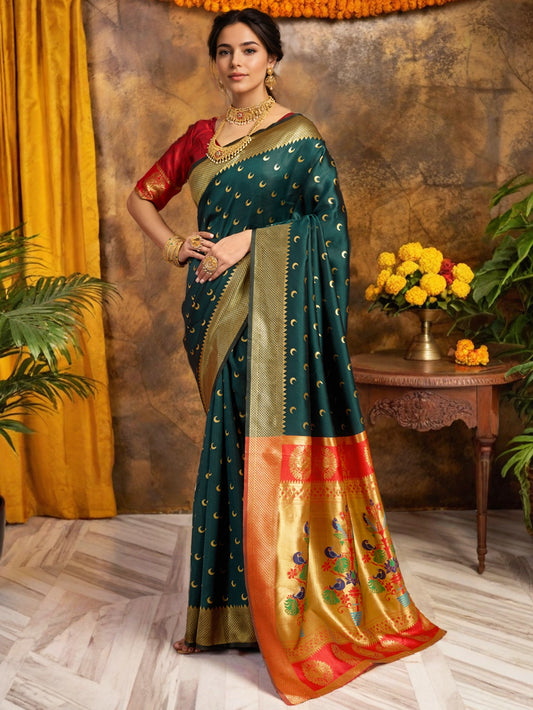 Zari Weaving Silk Blend Dark Green Paithani Saree - Rheycart