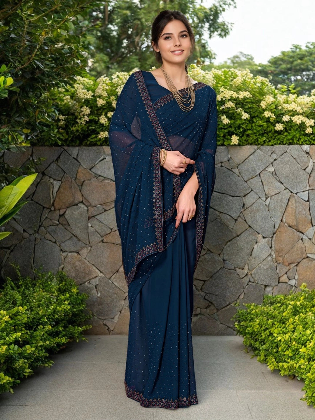 Stone Work Blue Georgette Women Saree - Rheycart
