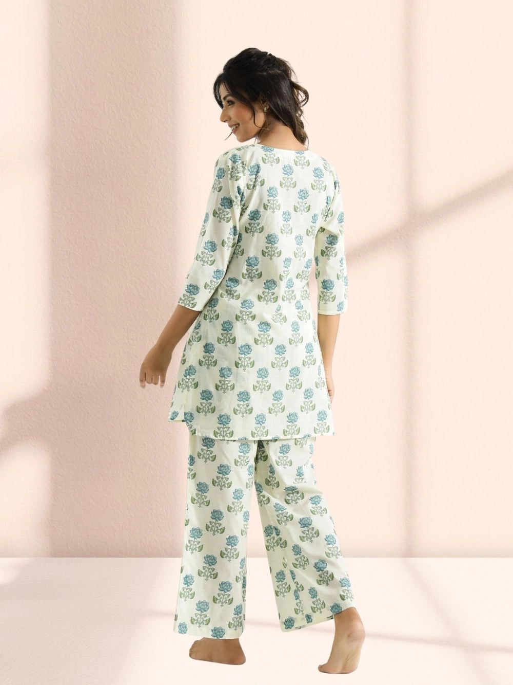 Light Blue Flower Printed Cotton Rayon Co-ord Set - Rheycart