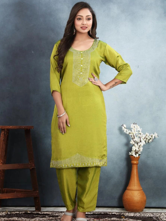 Lime Green Color Vichitra Silk Kurti For Women's - Rheycart