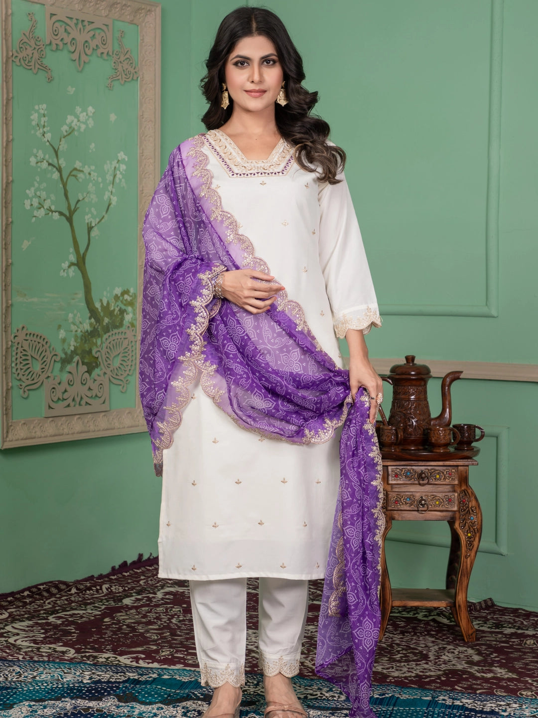 Roman Silk Embroidered V Neckline Kurta Set - Rheycart
