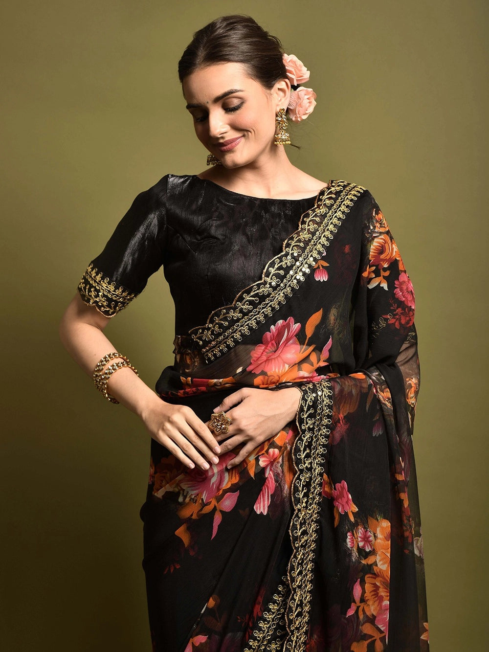 Floral Printed Black Georgette Bollywood Saree For Women
