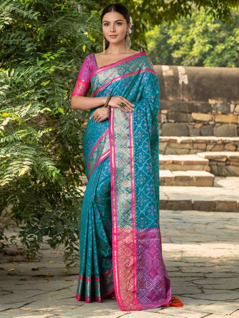 Teal Blue Patola Weaving Silk Saree For Women