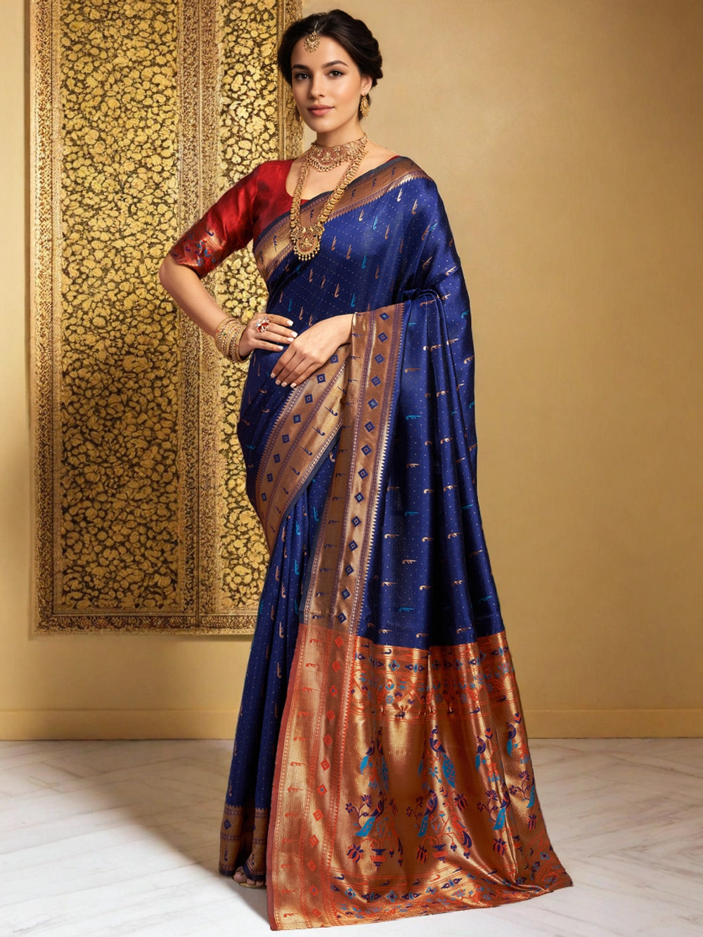 Silk Blend Navy Blue Paithani Saree With Peacock Motif Pallu - Rheycart