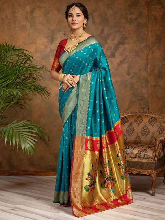 Turquoise Blue Woven Silk Paithani Saree - Rheycart
