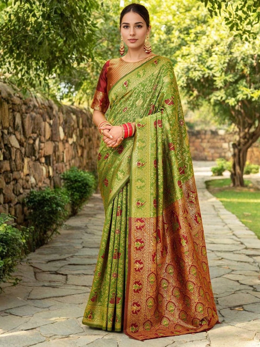 Parrot Green Woven Silk Saree For Women - Rheycart