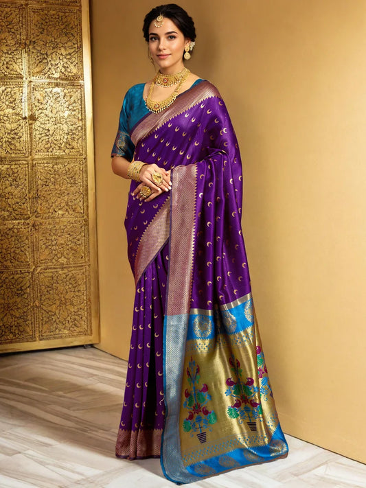 Woven Silk Blend Purple Paithani Saree - Rheycart