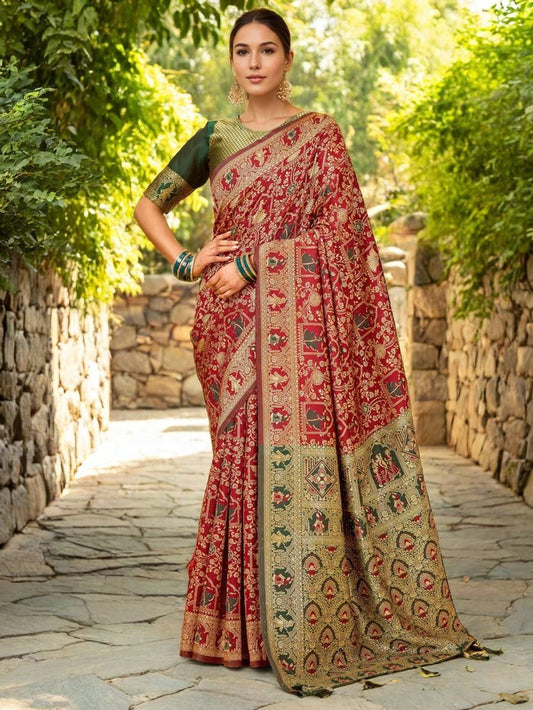 Red Banarasi Silk Saree For Women - Rheycart
