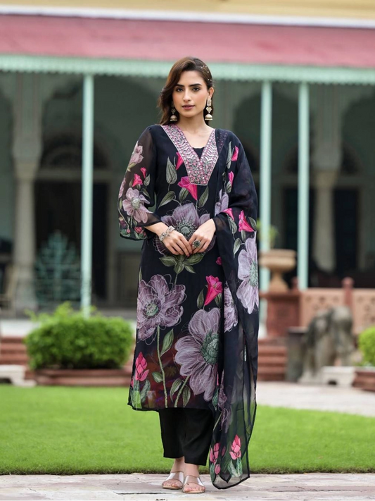 Black Floral Printed Georgette Kurti Set - Rheycart