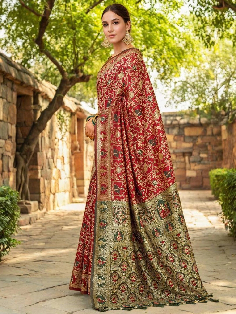 Red Banarasi Silk Saree For Women - Rheycart