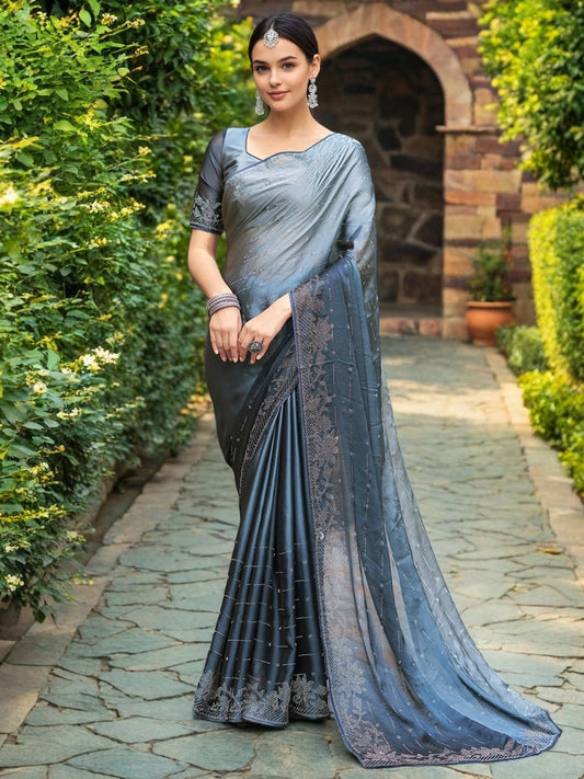 Grey Silk Saree With Stone Work For Women's - Rheycart