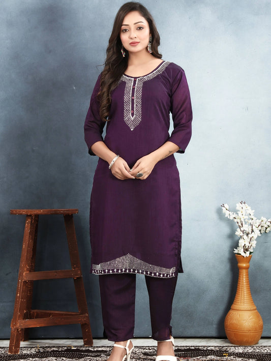 Wine Colour Vichitra Silk Embroidery Kurti Set - Rheycart