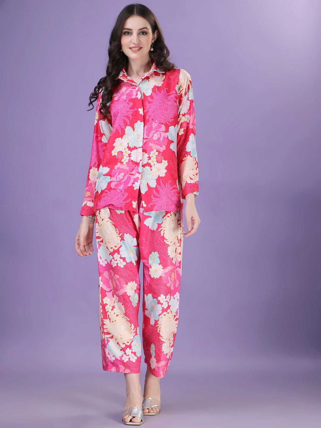 Pink Floral Pattern Cotton Rayon Co-ord Set - Rheycart