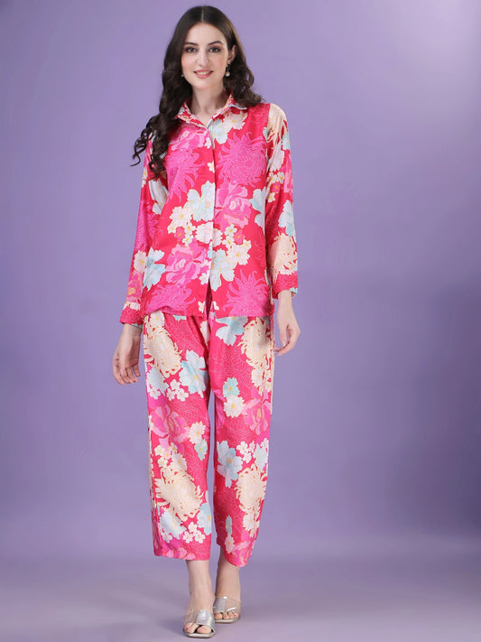 Pink Floral Pattern Cotton Rayon Co-ord Set - Rheycart
