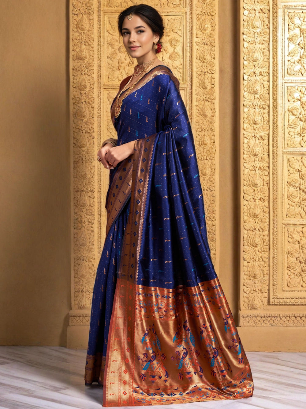 Silk Blend Navy Blue Paithani Saree With Peacock Motif Pallu - Rheycart