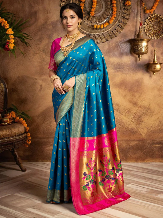 Peacock Blue Paithani Silk Saree With Zari Weaving - Rheycart