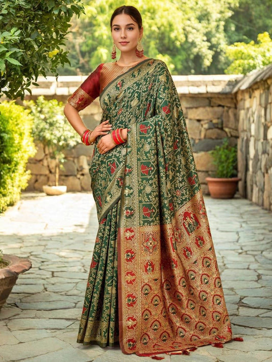 Woven Silk Dark Green Banarasi Saree - Rheycart